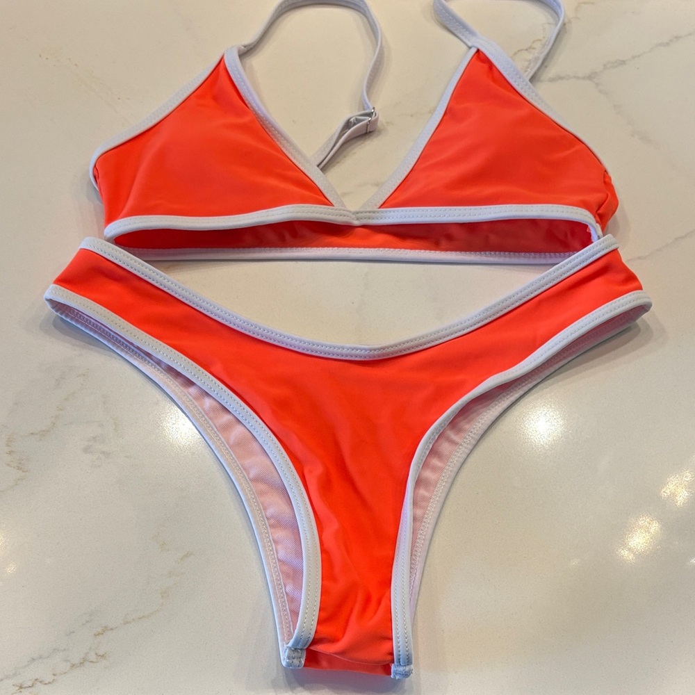 Vibrant Orange Bikini Set with White Trim